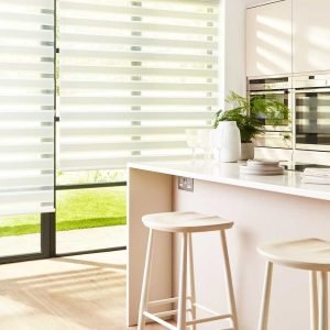 Day and night blinds in a modern kitchen. Shutters or Blinds