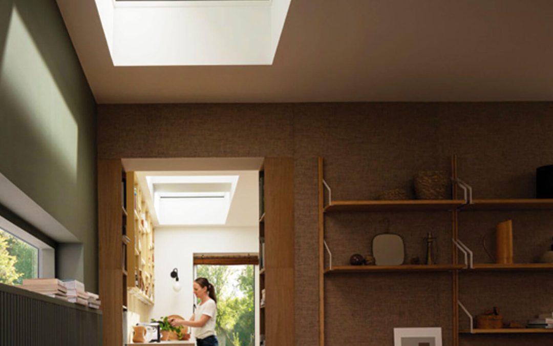 Best Skylight Blinds. Flat roof skylight blinds in modern, brown and green bedroom.