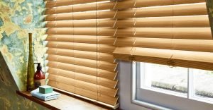 Venetian Blind Designs - Wooden slat venetian blind in bathroom.